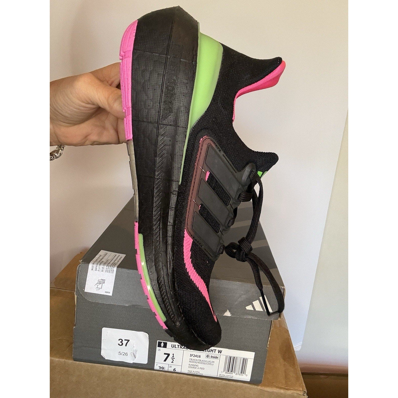 Size 7.5 - Adidas UltraBoost Light Black Lucid Lime Pink W
