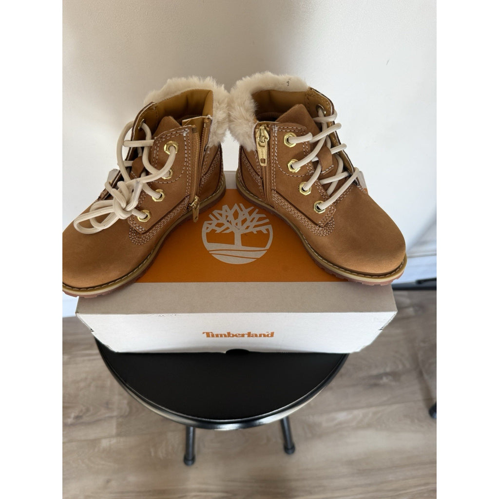 Timberland Pokey Pine Toddler Boots Size 8 Wheat Nubuck NEW w Box Faux Fur Lined