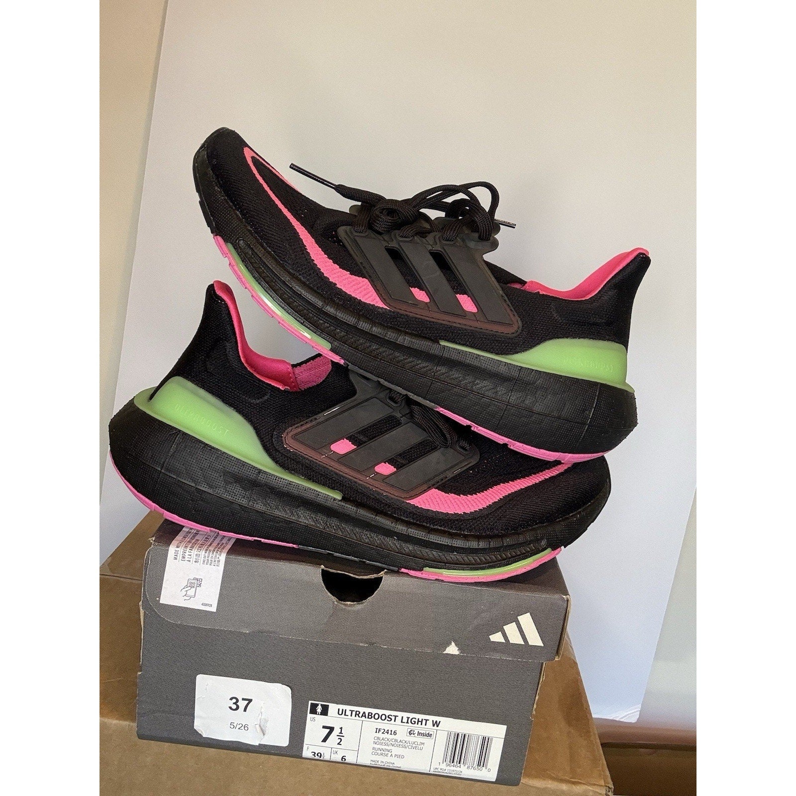Size 7.5 - Adidas UltraBoost Light Black Lucid Lime Pink W